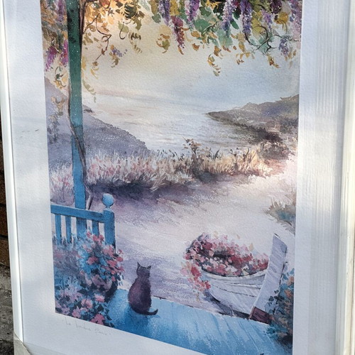 Vintage decorative art print “La Barque Fleurie” in frame, like new