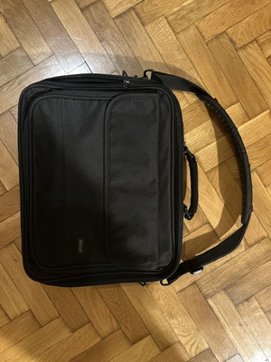 Black laptop bag with shoulder strap and pockets