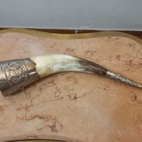 Traditional Wine Cup Made of Authentic Animal Horn with Silver Details