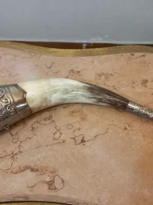Traditional Wine Cup Made of Authentic Animal Horn with Silver Details