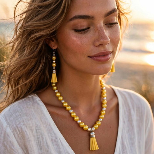 Handmade yellow beaded summer necklace and earrings set new