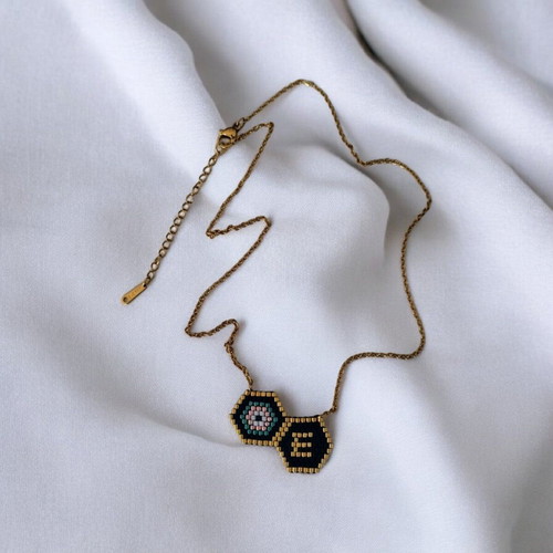 Steel monogram necklace with miyuki eye pendant made to order, black and gold