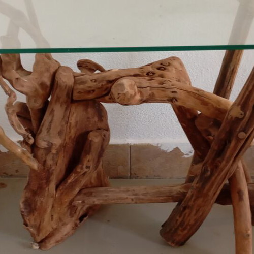 Handmade tables from roots and branches with glass top, new