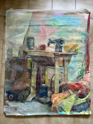 Oil painting with sewing machine still life new, 130x106 cm