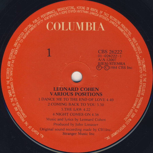 Leonard Cohen Various Positions vinyl record used, rock