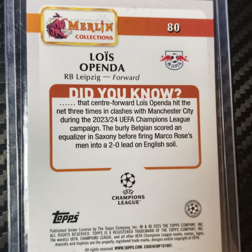 2024-25 Topps Merlin Heritage UEFA Club Competitions Loïs Openda Purple Refractor #80 /250