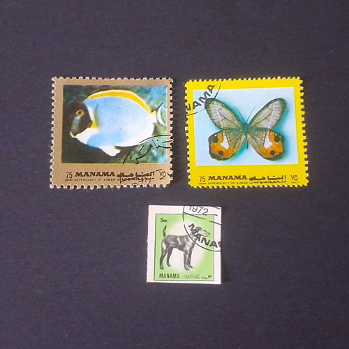 Manama thematic stamps pack of 3, tropical fish, butterfly, boxer dog