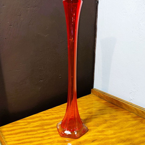 Glass tall narrow red vase 1970 used