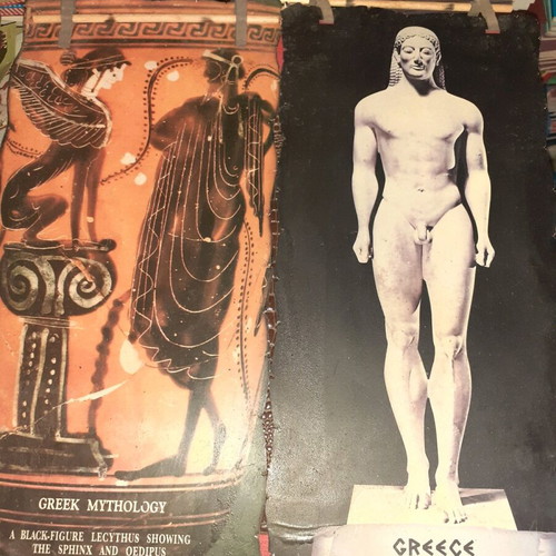 Hanging posters new with wax and leather straps, set of 2