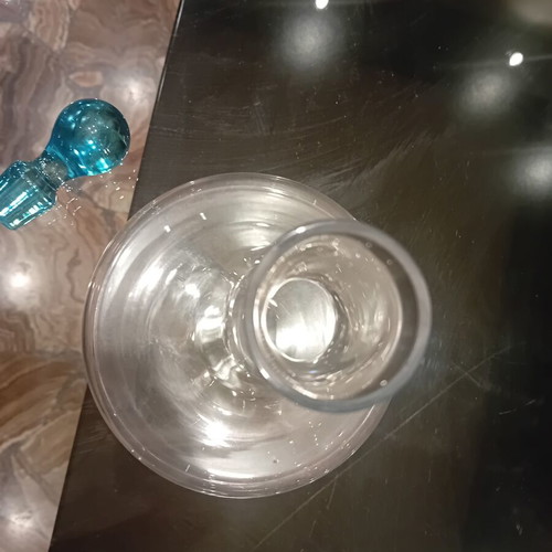 Glass carafe with turquoise spherical stopper, used