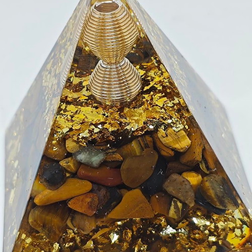 Orgonite pyramid with Tiger's Eye and gold leaves like new