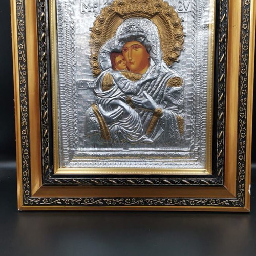 Holy Icon of Virgin Mary used, silver 925 and 24k gold