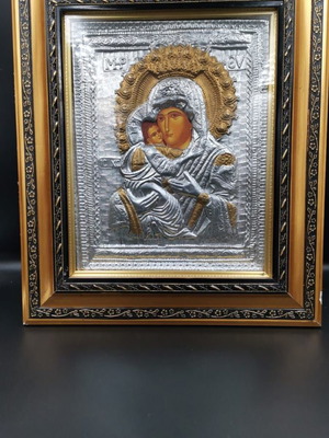 Holy Icon of Virgin Mary used, silver 925 and 24k gold