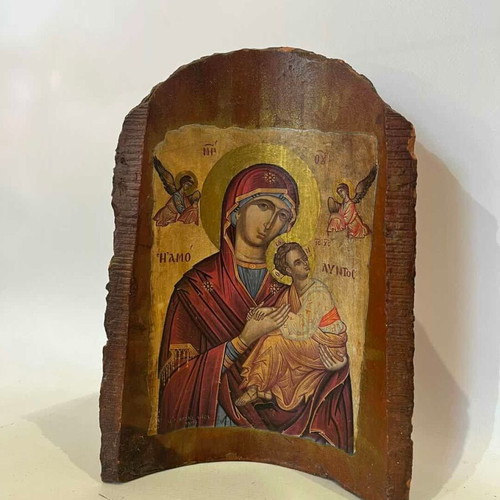Religious icon Panagia Amolyntos used, printed on tile 23x16x3 cm