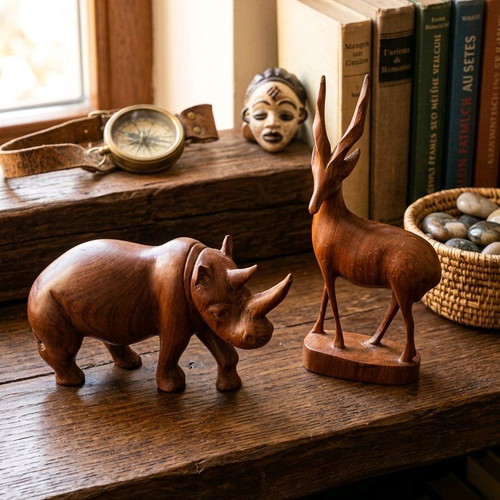Authentic African sculptures used, pack of 2, solid mahogany from Congo
