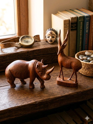 Authentic African sculptures used, pack of 2, solid mahogany from Congo