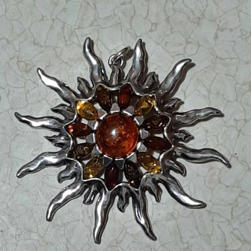 Sun pendant with Baltic amber in 925 silver, new, unworn