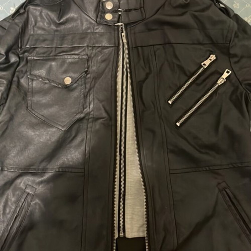 Black leather jacket with gray hood like new