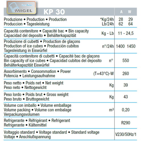 Migel KP30 professional ice machine, stainless steel