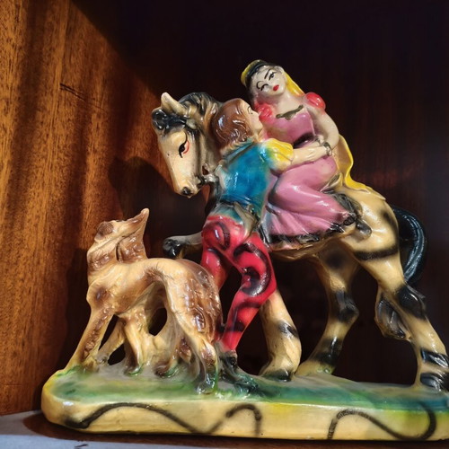Vintage figurine romantic couple on horse mid-century ceramic