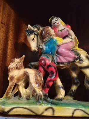 Vintage figurine romantic couple on horse mid-century ceramic