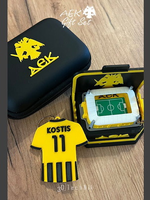 AEK gift set with stadium keychain, desk stand and jersey keychain