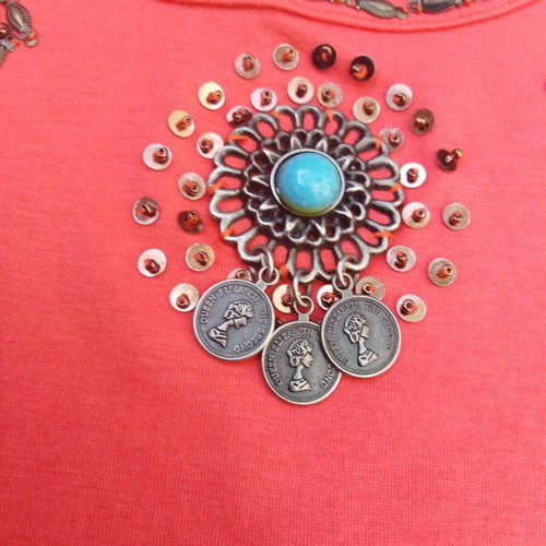Vintage women's t-shirt with sequins and beads, new, red watermelon color, size L