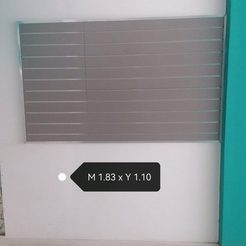 Slat panel store equipment used, silver MDF with hooks