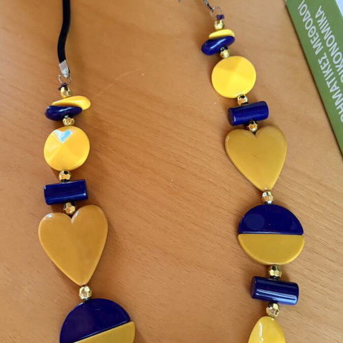 Long necklace, purple and yellow, 43 cm