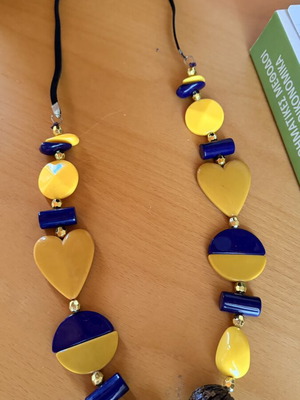 Long necklace, purple and yellow, 43 cm