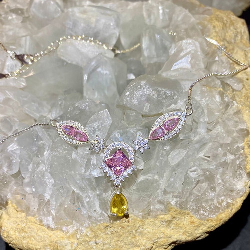 Silver Necklace with Natural Pink Tourmaline, Citrine and Moissanite