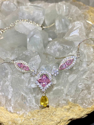 Silver Necklace with Natural Pink Tourmaline, Citrine and Moissanite