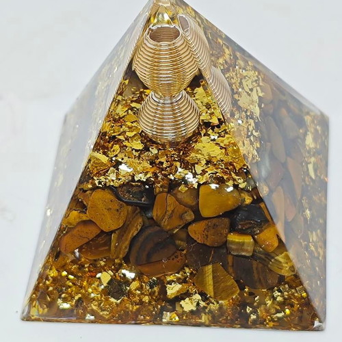 Orgonite pyramid with Tiger's Eye and gold leaves like new