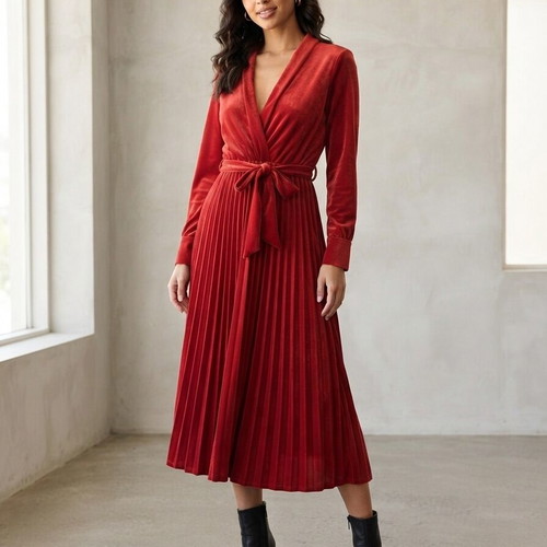 Red midi velvet dress like new with wrap bust and pleated skirt