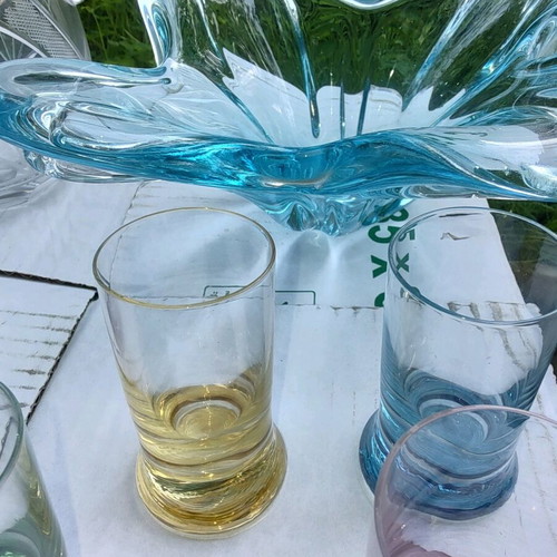 Handmade crystal set like new with 6 colored glasses and 2 pitchers