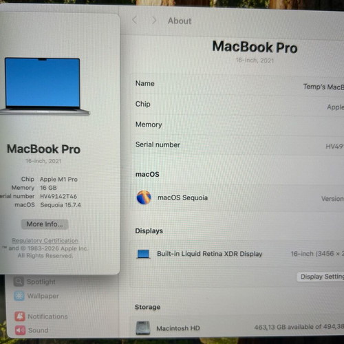 MacBook Pro 16" (2021) like new with M1 Pro, 16GB RAM, 512GB, English keyboard
