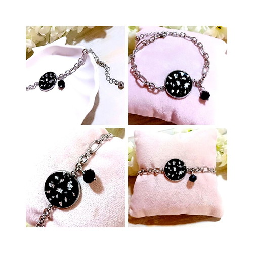 Handmade steel bracelet with iridescent black motif and silver flakes