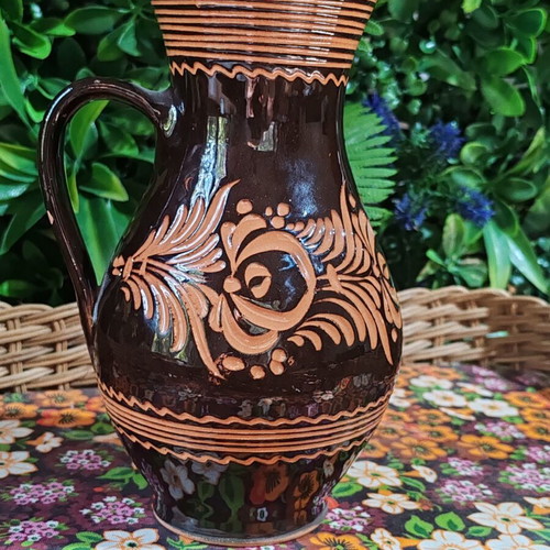 Vintage pottery jug with floral sgraffito decoration, 22 cm