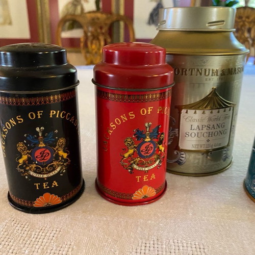 Metal tea tins used, pack of 7, Fortnum & Mason, Jacksons, Dammann frères