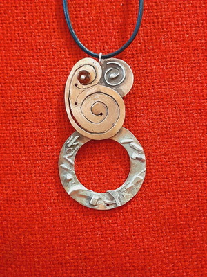 Handmade necklace with copper, silver and leather cord