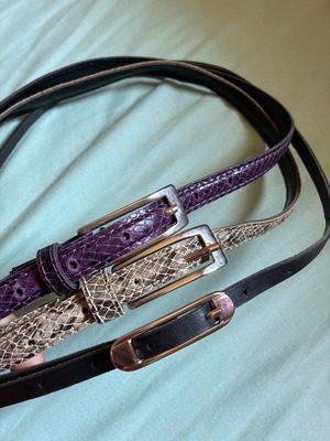 Bundle of 3 Thin Belts snakeskin and classic black, like new, 95 cm