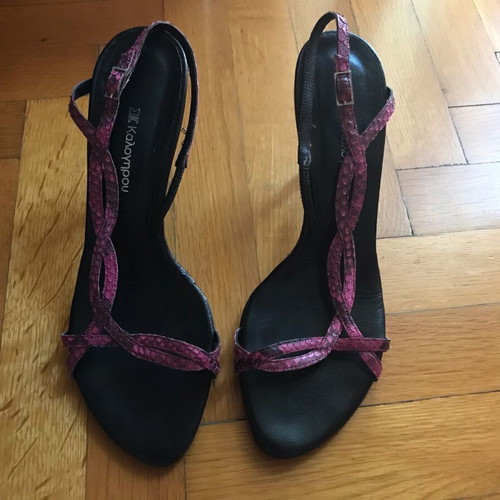 Kalogirou high sandals refurbished, black-pink fake snake skin, size 38.5