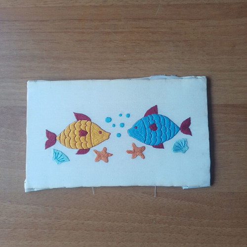 Handmade vintage embroidery with fish, like new