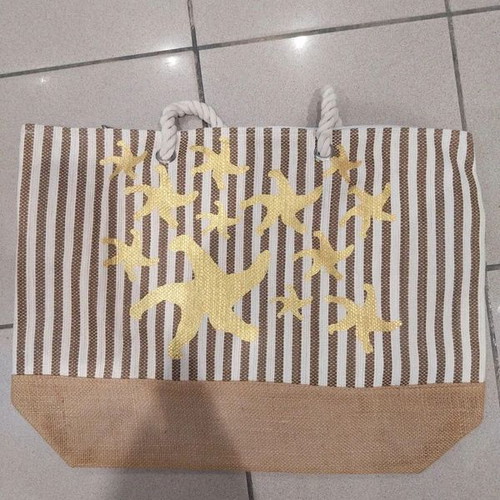 Ankor Shoulder Beach Bag Beige Striped with Gold Starfish New
