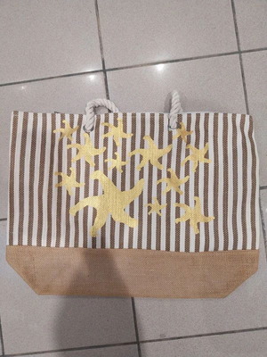 Ankor Shoulder Beach Bag Beige Striped with Gold Starfish New