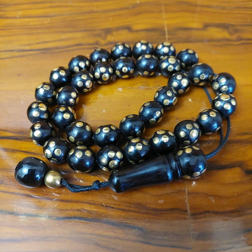 Worry beads with 33 ebony beads and golden copper inlays new