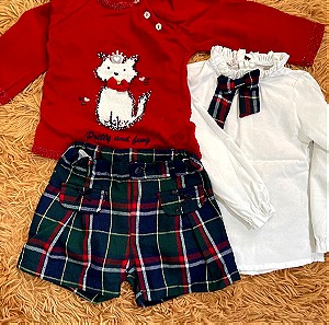 Βρεφικό σετ 3 τεμαχίων για κορίτσι 2 ετών 24 μηνών mini raxevsky καρό σορτς πουκάμισο και πουλόβερ