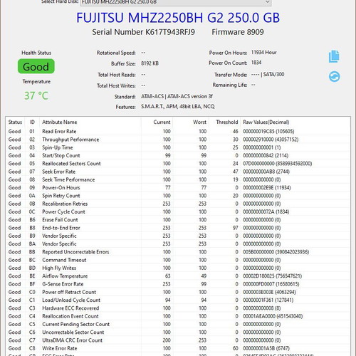 Fujitsu MHZ2250BH 250GB SATA II 2.5" hard drive used