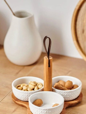 Serving tray with ceramic bowls and bamboo wood new