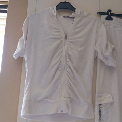 White terry cloth tracksuit with satin pockets and rhinestones, Myoom